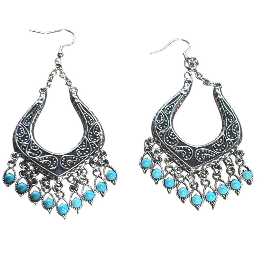 Boho Festival SilverTeardrop Earrings With Turquoise, Teal Tassel Beads